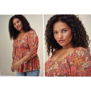 Torrid Textured Jersey Smocked Waist Floral Top Orange Size Large/12